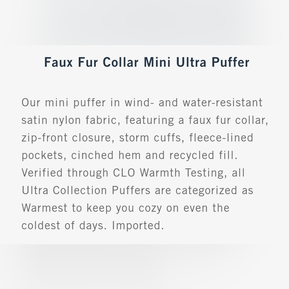 Abercrombie & Fitch Vegan Fur Collar Mini Quilted Ultra Puffer BLACK Outerwear - Picture 12 of 15